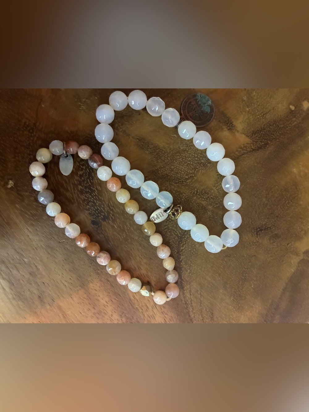 Two-Strand White and Peach Beaded Bracelet Set